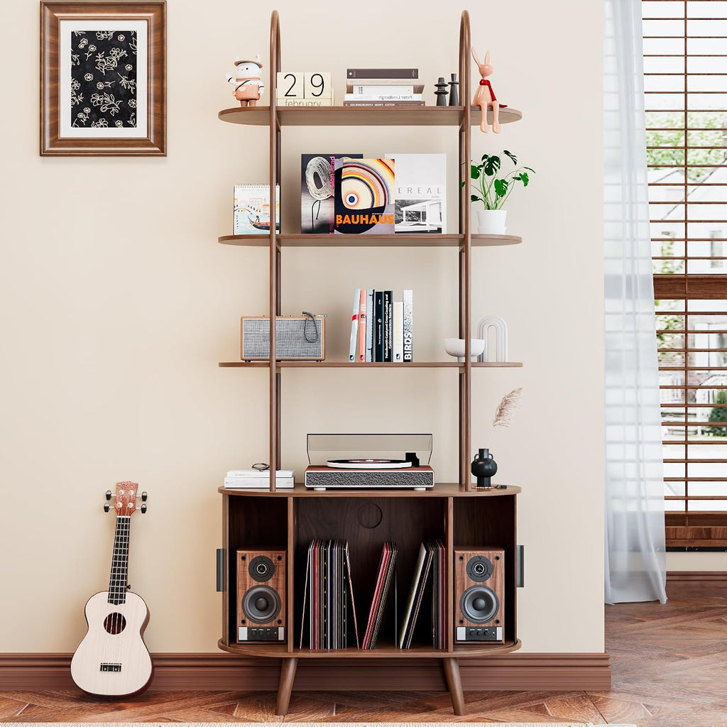 Tall Vinyl Record Player Stand, 4 Tier Arched Bookshelf with Sliding Doors, Retro Small Record Storage Cabinet, Fluted Media Display Shelf, Mid Century Modern Turntable Stand for Living Room, Walnut