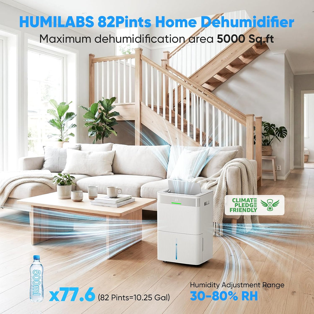 HUMLABS 82 Pints Dehumidifier for Home, 5000 Sq. Ft Dehumidifier for Basement with Drain Hose, Front LED Screen and 1.37 Gal Water Tank, Three Modes, Auto Defrost and 24HR Timer