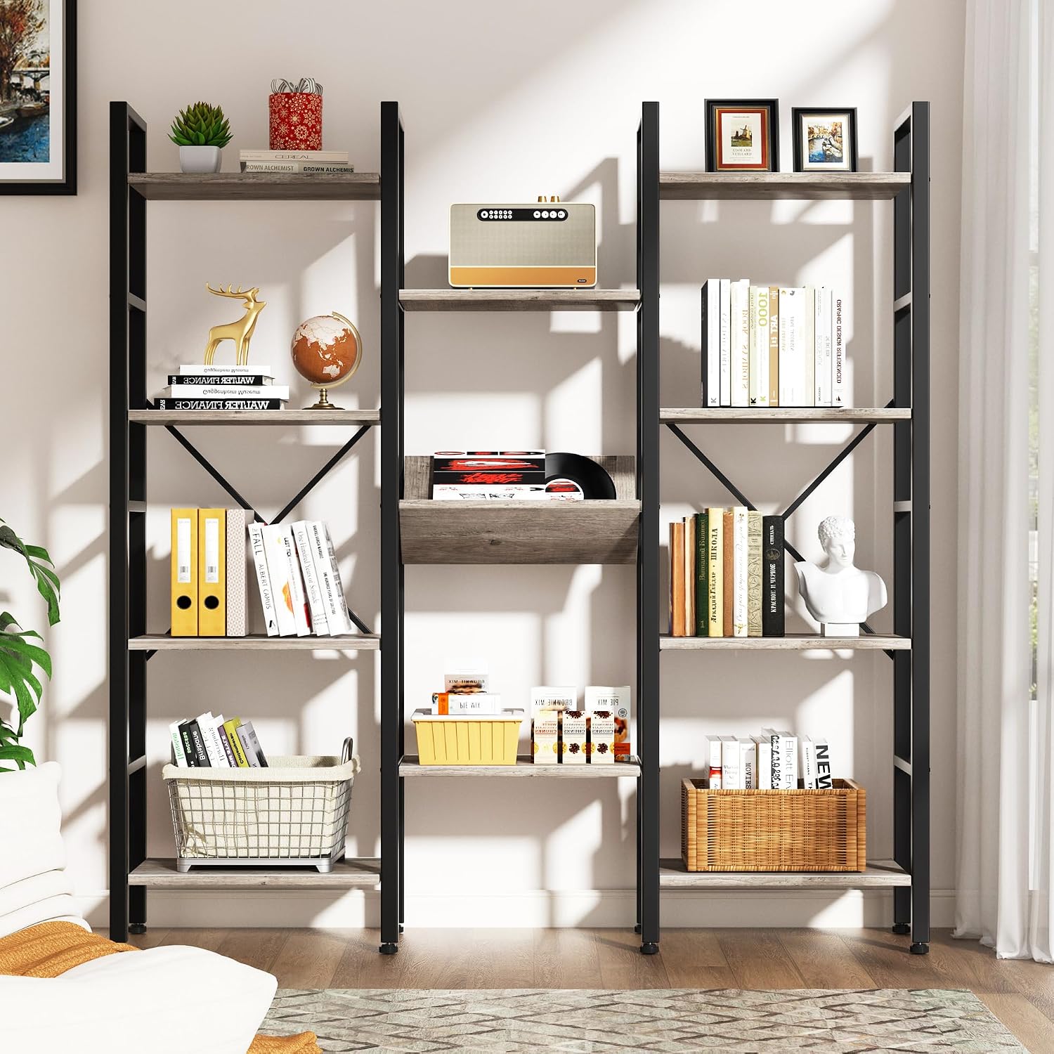 Triple Wide 4 Tier Bookcase, 11 Open Display Shelves, Free Standing, Adjustable Shelves for Home, Living Room, Bedroom, Grey