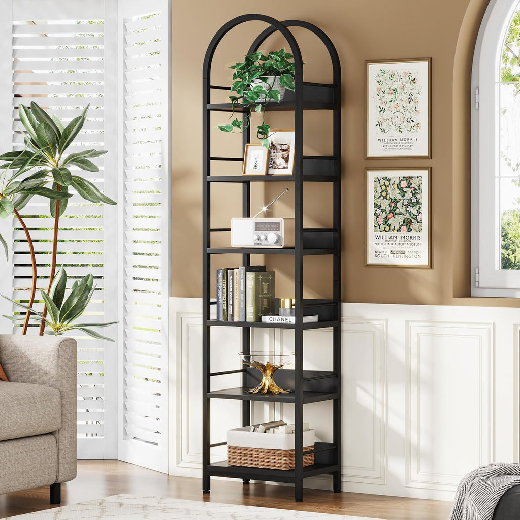 Tribesigns 6-Tier Open Bookshelf, 78.7' Tall Arched Bookcase Narrow Bookshelf with Metal Frame, Freestanding Corner Bookcase Display Shelves for Living Room, Home Office, Black