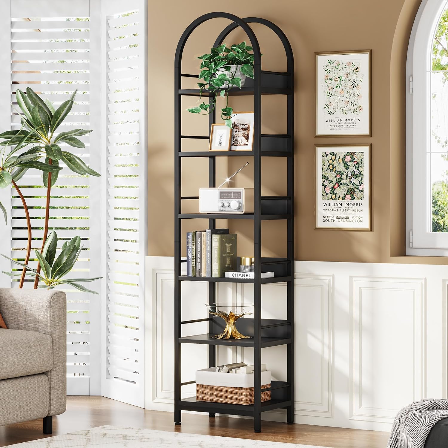 Tribesigns 6-Tier Open Bookshelf, 78.7' Tall Arched Bookcase Narrow Bookshelf with Metal Frame, Freestanding Corner Bookcase Display Shelves for Living Room, Home Office, Black