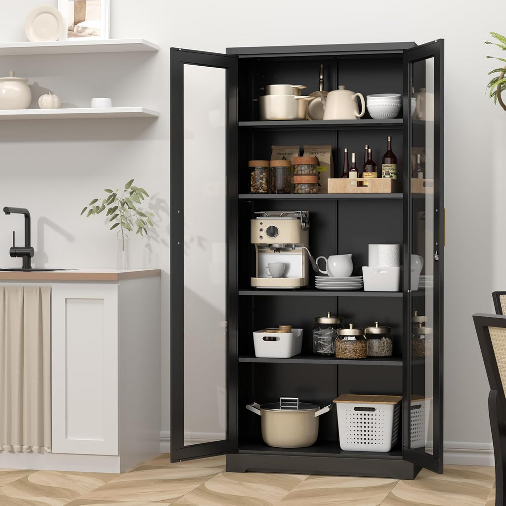 SteeLoong 71' Glass Display Cabinet with Lock,Curio Cabinet with Glass Doors, Metal Display Case with 4 Adjustable Shelves, Black Bookcase Locking Storage Cabinets for,Liquor,Commercial