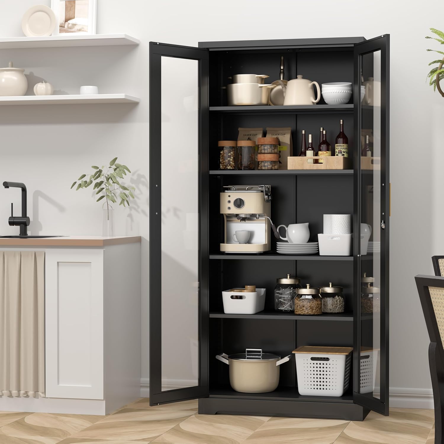 SteeLoong 71' Glass Display Cabinet with Lock,Curio Cabinet with Glass Doors, Metal Display Case with 4 Adjustable Shelves, Black Bookcase Locking Storage Cabinets for,Liquor,Commercial