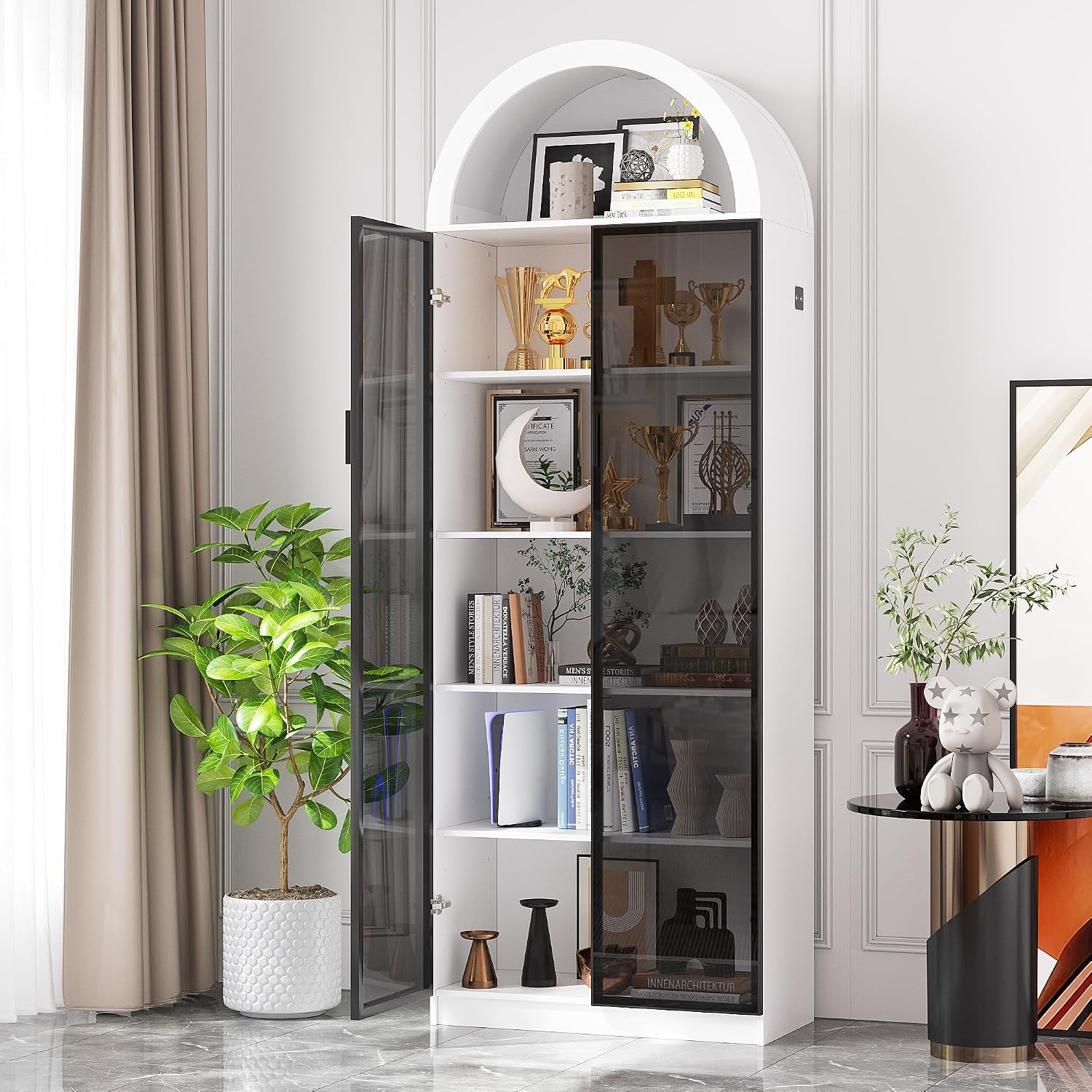 FREDEES Arched Display Cabinet with Doors, 76' Tall Curio Cabinet with Adjustable Shelves/3 Colors LED Lights, 6 Tier Display Case for Collectibles, White