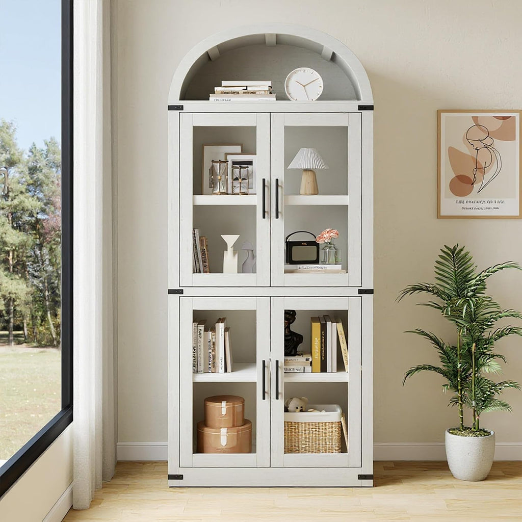GarveeHome Arched Bookcase with Doors Modern 6-Tier Bookshelf with Storage Wooden Display Cabinet Farmhouse Storage Shelves for Living Room, Kitchen, Office (White)