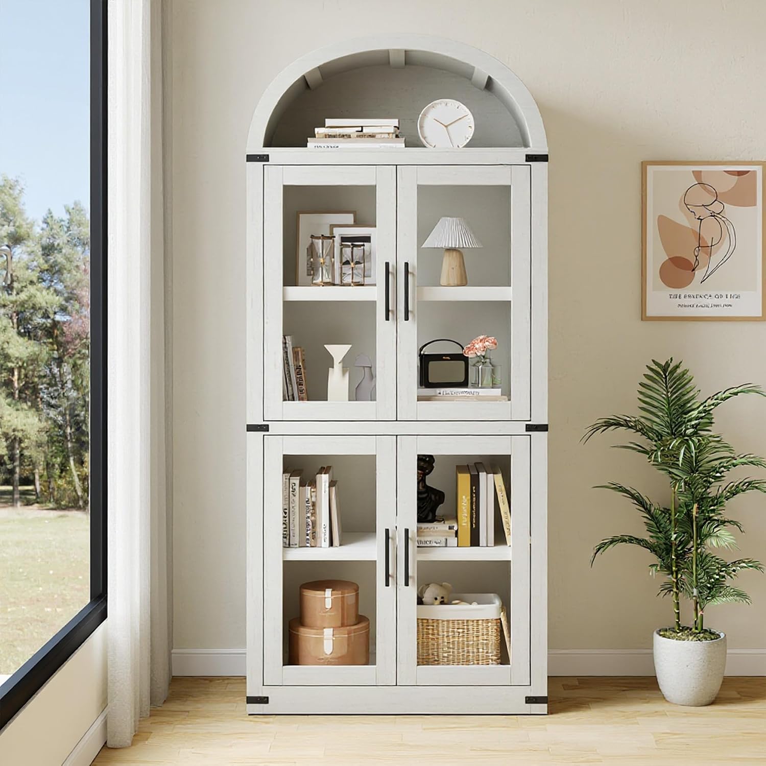 GarveeHome Arched Bookcase with Doors Modern 6-Tier Bookshelf with Storage Wooden Display Cabinet Farmhouse Storage Shelves for Living Room, Kitchen, Office (White)