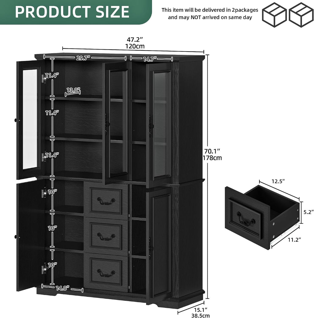 YITAHOME 71' H x 47' W Kitchen Pantry with 3 Drawers, Large Storage Cabinet with 3 Glass Doors & Adjustable Shelves, Freestanding Tall Display China Cabinet for Living & Dining Room, Black