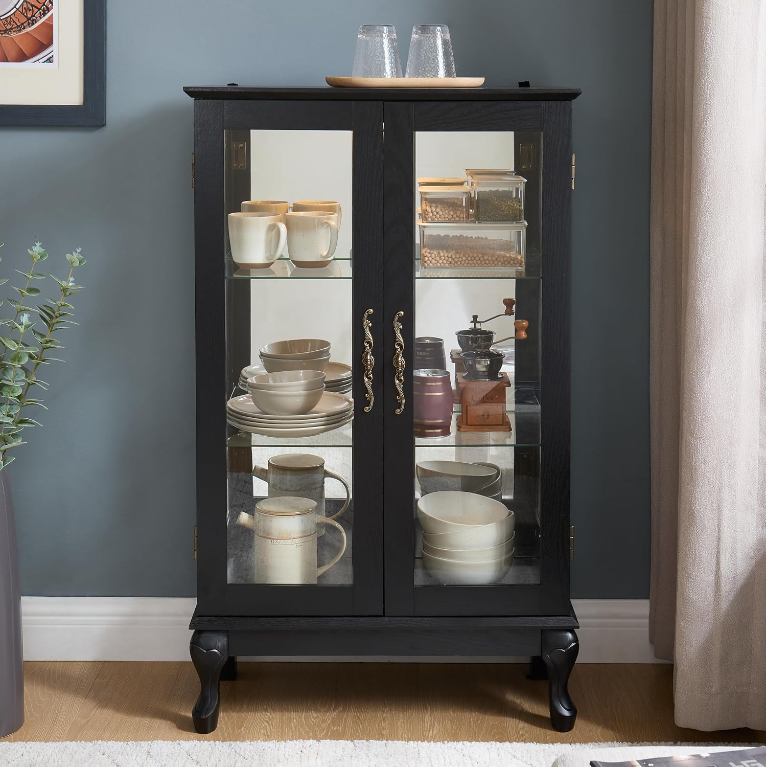 43' H Lighted Glass Curio Display Cabinet, 3-Tier Glass Accent Storage Cabinet Curio Showcase w/Adjustable Shelves,Wine Artwork Storage Rack w/Mirrored Back Panel for Living Room(Black)