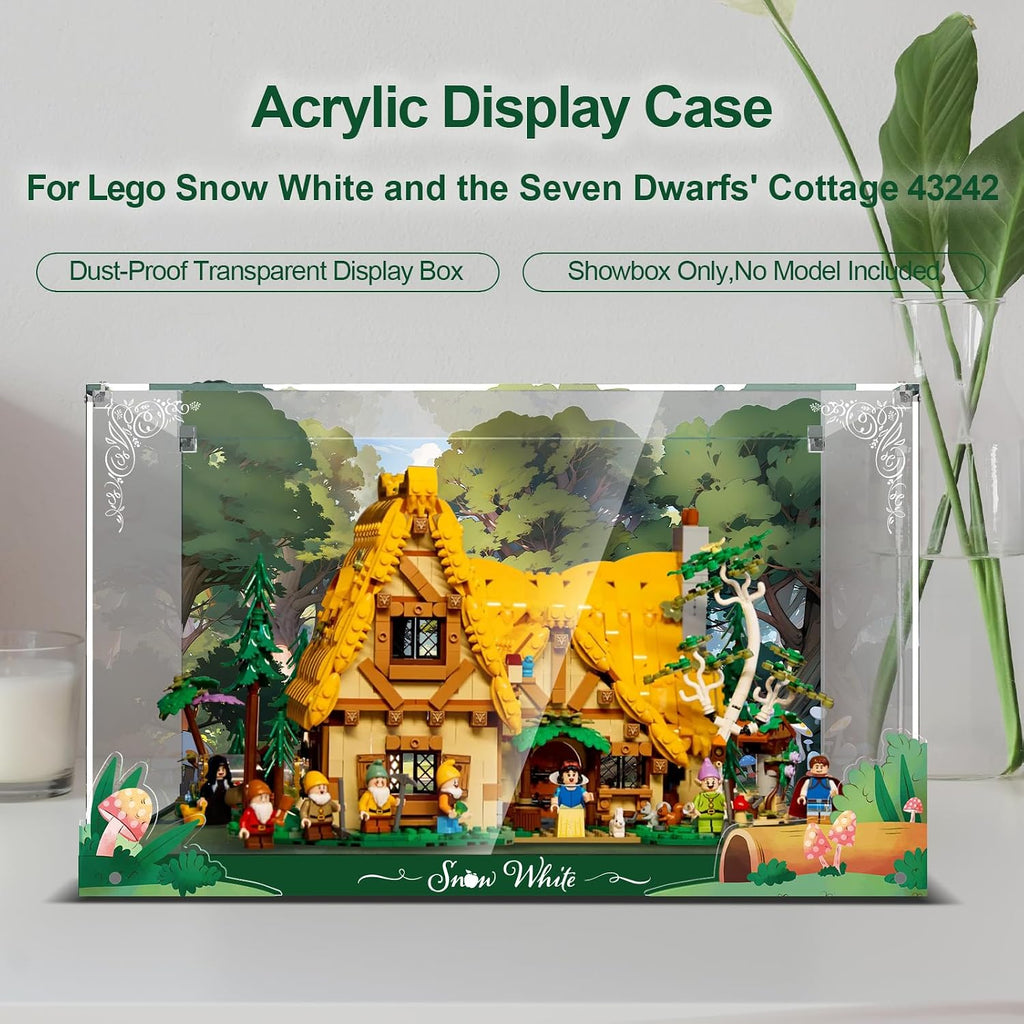 Acrylic Display Case for Lego Snow White and The Seven Dwarfs' Cottage Building Set - Display Box for Lego 43242 (Box Only, No Model) Clear Acrylic Plate with Base & HD Painted Background