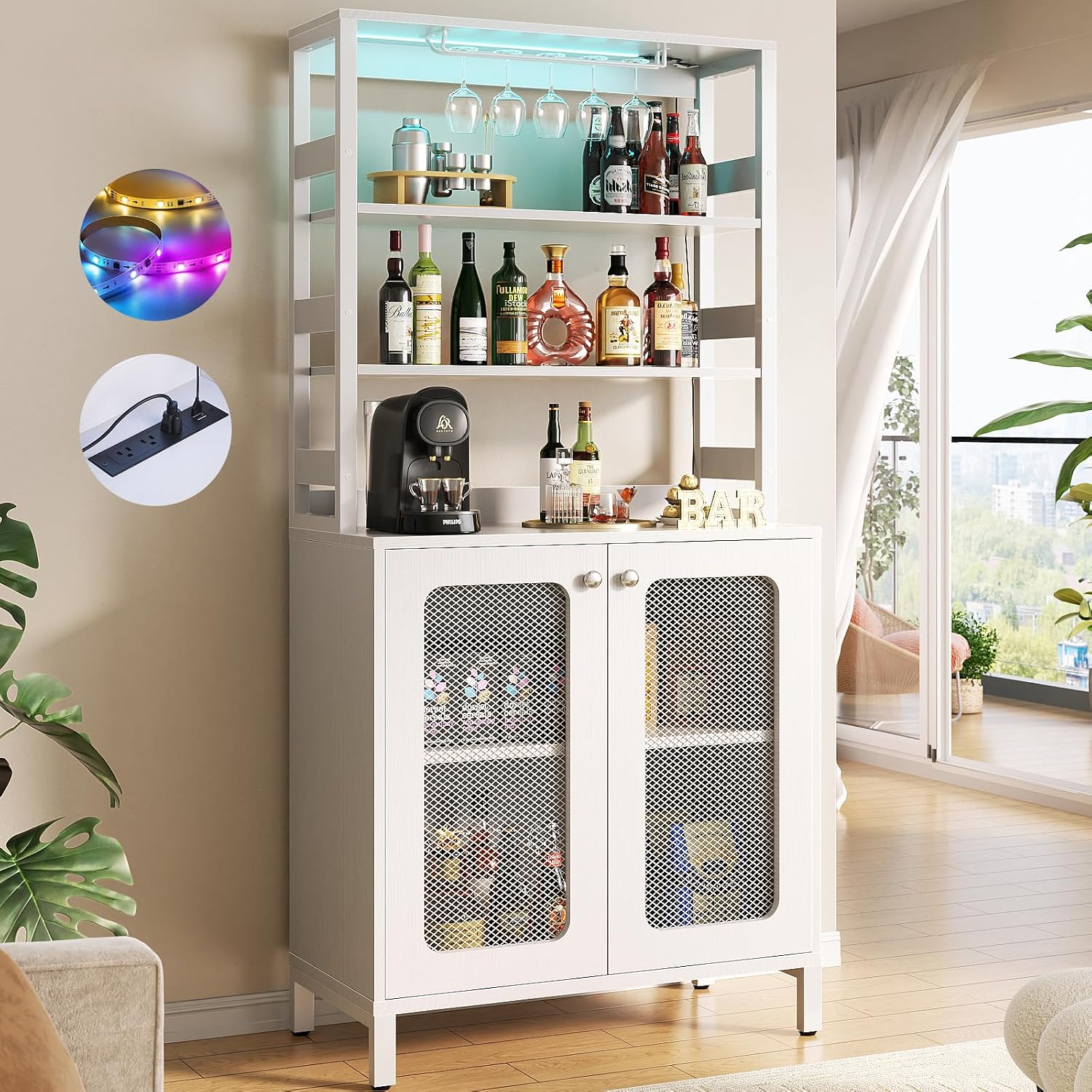 Aheaplus Bar Cabinet with Power Outlets, 67' Tall Wine Bar Cabinet Liquor Cabinet with LED Lights and Glass Holder, Coffee Bar Station for Living Room, Microwave Stand Bakers Rack Cabinet, White