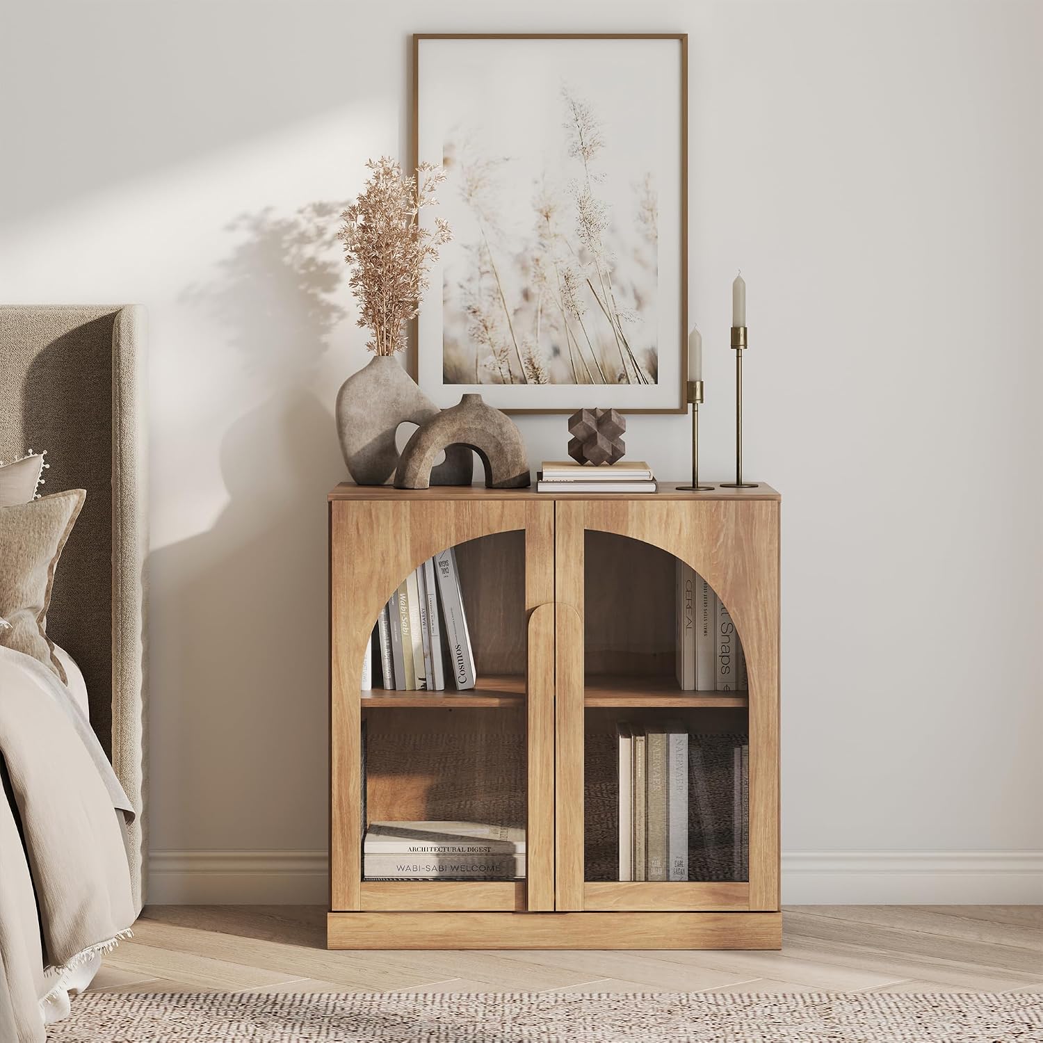 BELLEZE 2 Tier Bookshelf with Arched Glass Door, Modern Display Bookcase Shelf with Storage and Adjustable Shelves, Wood Bookshelves for Living Room Office Entryway (Camel)