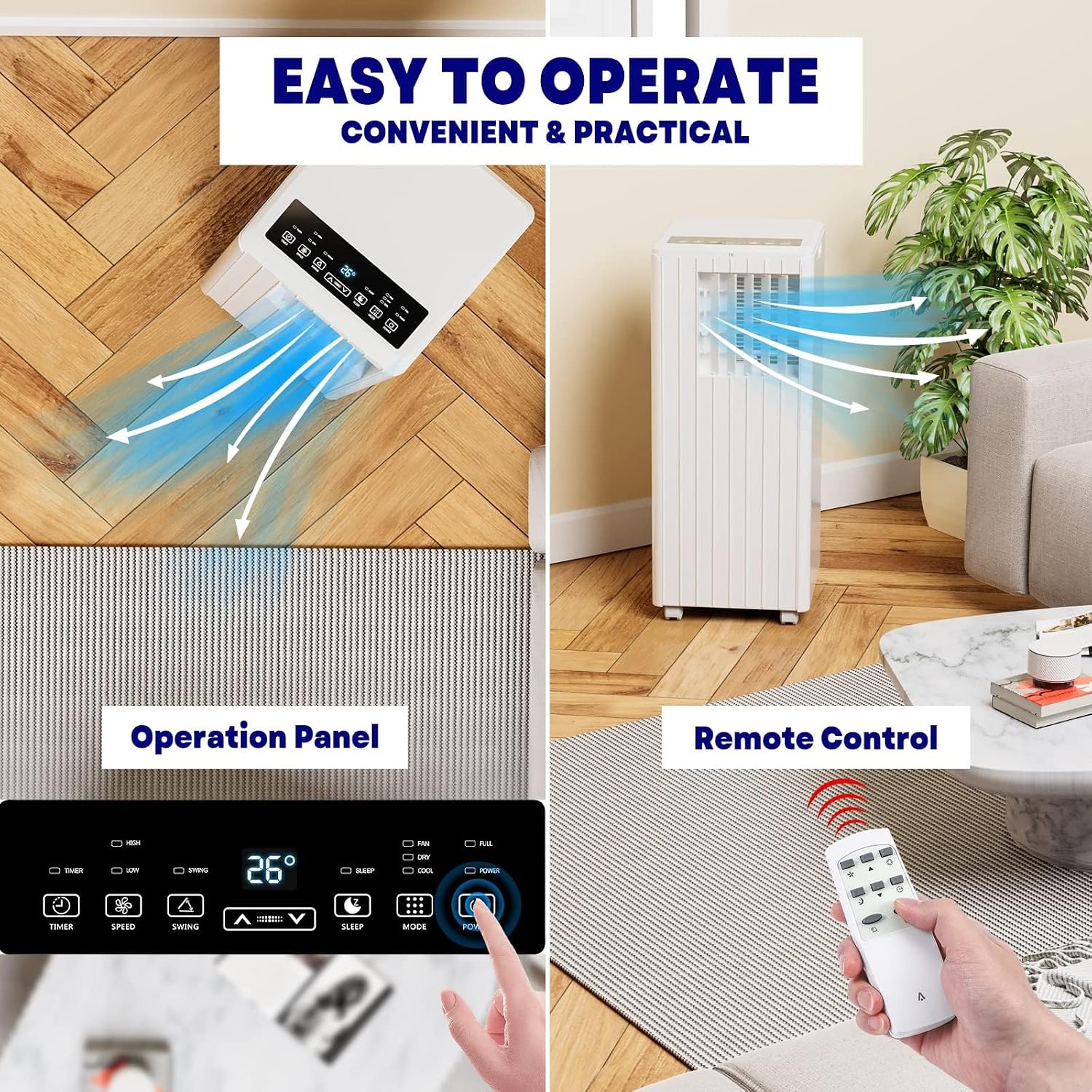 8,000 BTU Portable Air Conditioner, 3-1 AC Unit with Dehumidifier, Fan, Sleep Modes for Rooms Up to 350 Sq, Quiet Portable Cooling AC with Remote Control & 24H Timer for Bedroom, Apartments