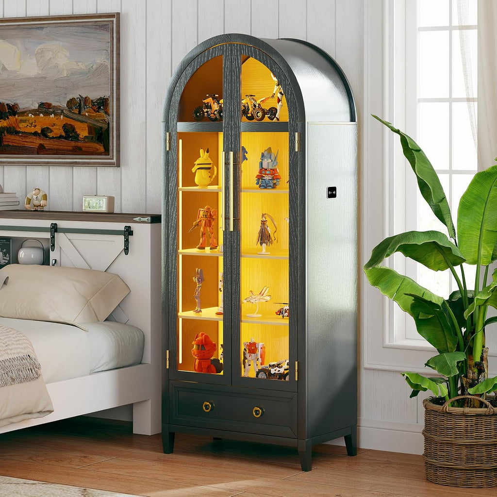 Arch Display Cabinet with Glass Doors, 4-Tier Curio Cabinet Shelves and a Drawer,73' Inch Tall LED Display Case for Collectibles,Bookcase for Bedroom Living Room Office,Black