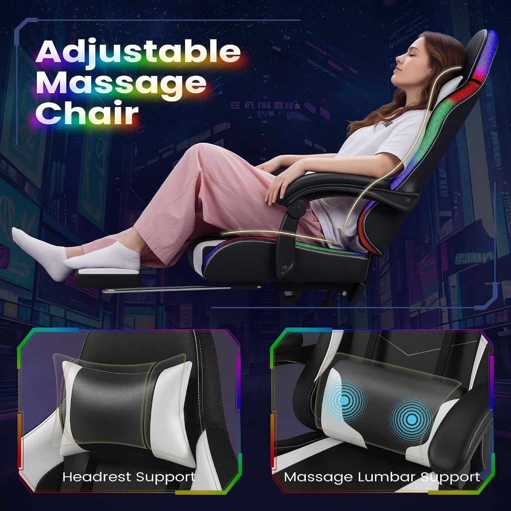 Homall Gaming Chair, Video Game Chair with Footrest and Massage Lumbar Support, Ergonomic Computer Chair Height Adjustable with Swivel Seat and Headrest (RGB Lvory)