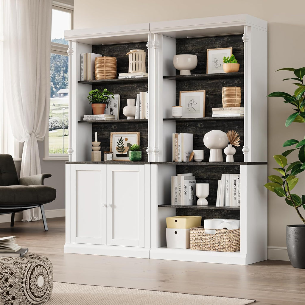 GarveeHome Tall Storage Bookcase with 3-Tier Open Shelves and Double Door, Roman Column Design and 4 Adjustable Lights, White & Black Wood Grain Display Storage Cabinet for Home Office, Living Room