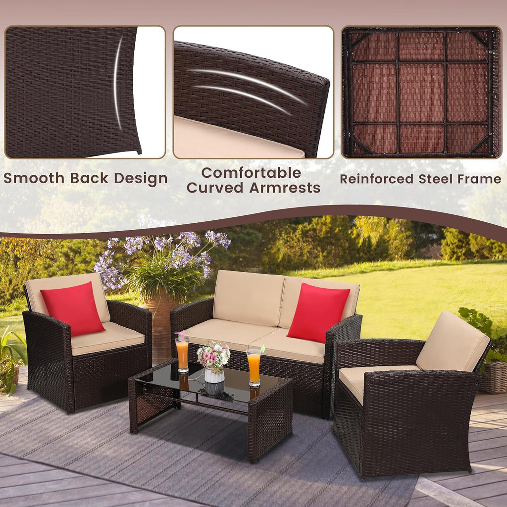 KROFEM 4-Piece Patio Furniture Set, Wicker Outdoor Rattan Sectional Sofa with Cushions and Glass Table, All-Weather Outdoor Conversation Set for Garden, Porch, Backyard, Patio, Beige