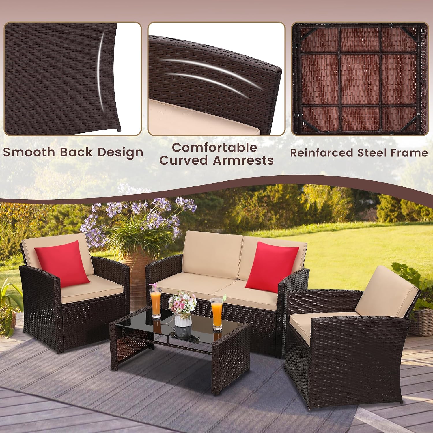 KROFEM 4-Piece Patio Furniture Set, Wicker Outdoor Rattan Sectional Sofa with Cushions and Glass Table, All-Weather Outdoor Conversation Set for Garden, Porch, Backyard, Patio, Beige