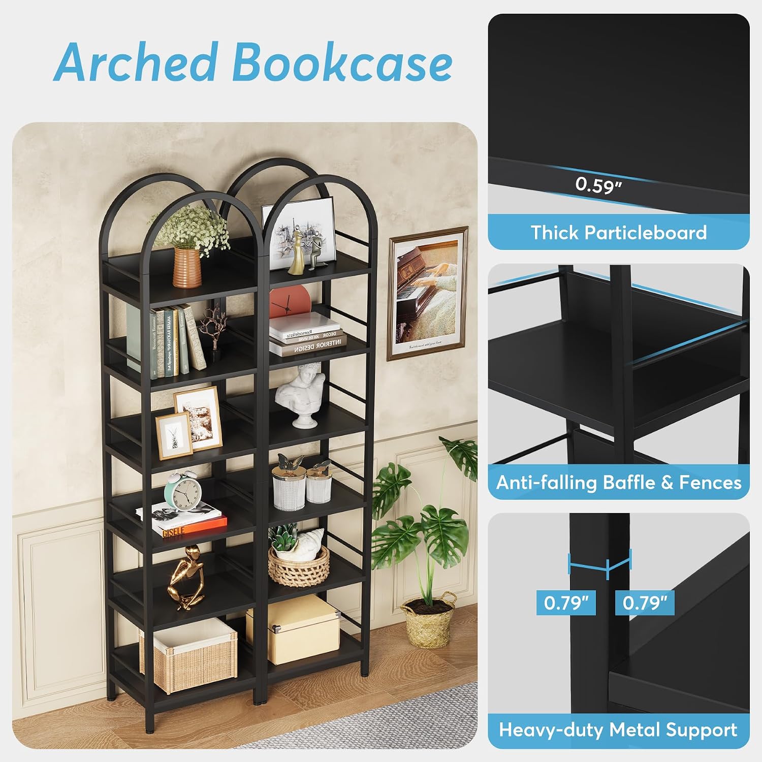 Tribesigns 6-Tier Open Bookshelf, 78.7' Tall Arched Bookcase Narrow Bookshelf with Metal Frame, Freestanding Corner Bookcase Display Shelves for Living Room, Home Office, Black