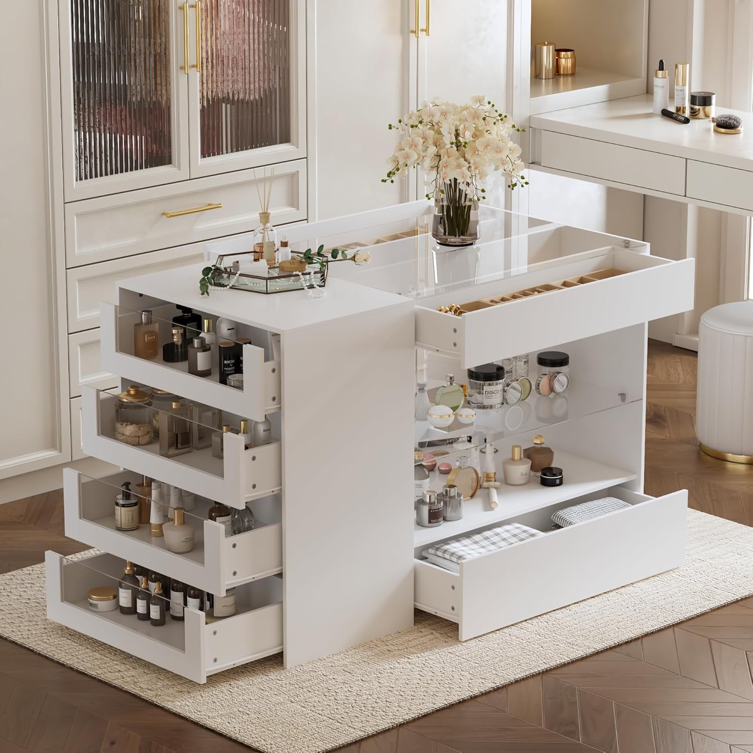 FUFU&GAGA Closet Island with Glass Top & 8 Drawers for Walk in Closet, Jewelry Display Cabinet Island with Glass Shelf, for Store Dressing Room Shop, 47.2'W x 23.6'D x 31.5'H