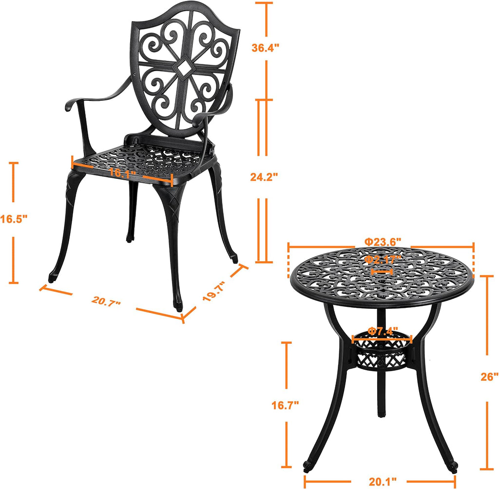 NUU GARDEN Bistro Set 3 Piece Outdoor, Cast Aluminum Patio Bistro Sets with Umbrella Hole, Bistro Table and Chairs Set of 2 for Patio Backyard