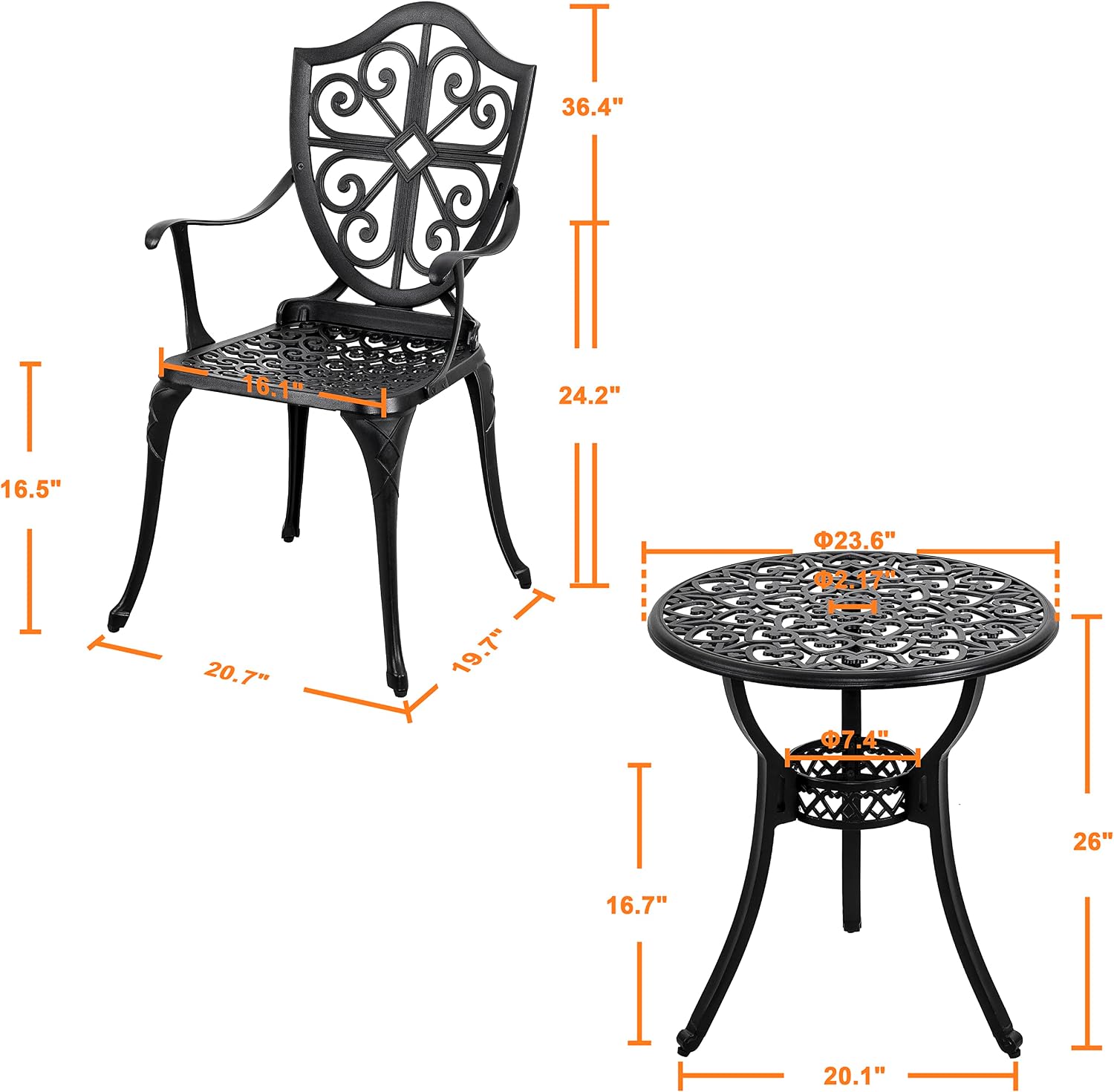 NUU GARDEN Bistro Set 3 Piece Outdoor, Cast Aluminum Patio Bistro Sets with Umbrella Hole, Bistro Table and Chairs Set of 2 for Patio Backyard