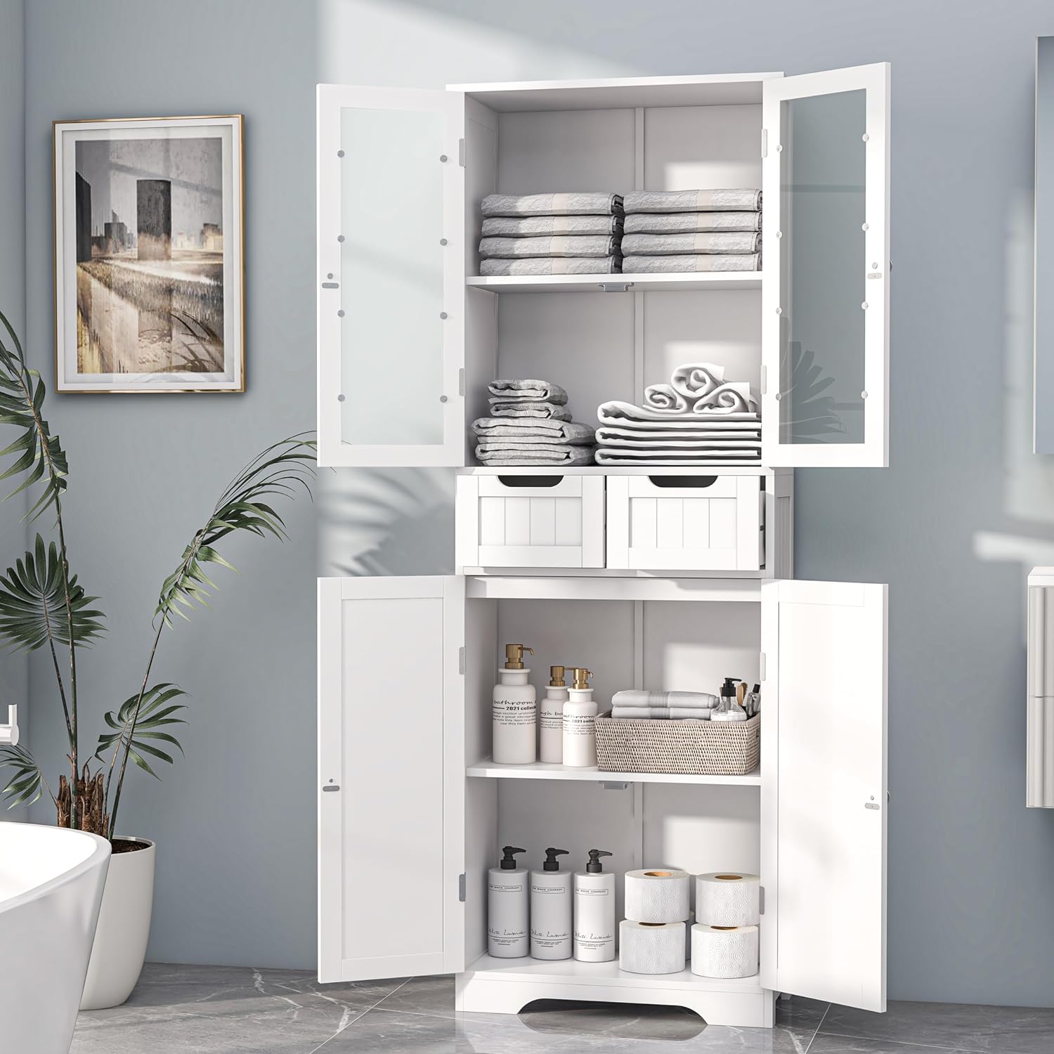 Betterhood 67' Tall Bathroom Storage Cabinet, Freestanding Linen Cabinet with Glass Doors and Shelves, Large Bathroom Pantry Cabinet with 2 Drawers for Living Room, Kitchen, Dining Room, Office, White