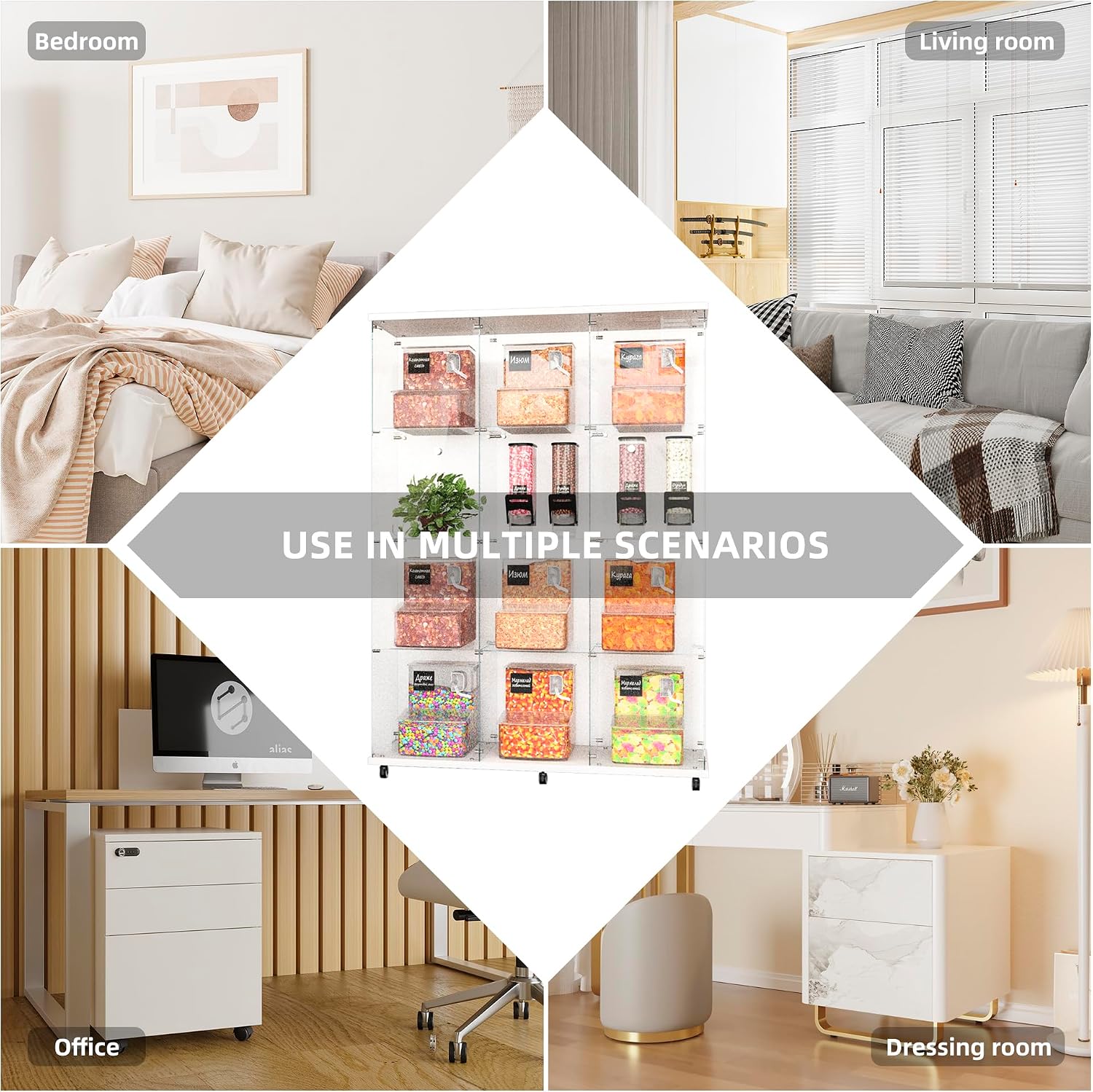 Beauty4U Glass Display Cabinet with 12 Shelves, Extra Large 3 Columns 2 Doors Curio Cabinets for Living Room, Bedroom, Office, White Floor Standing DIY Glass Bookshelf, Quick Installation