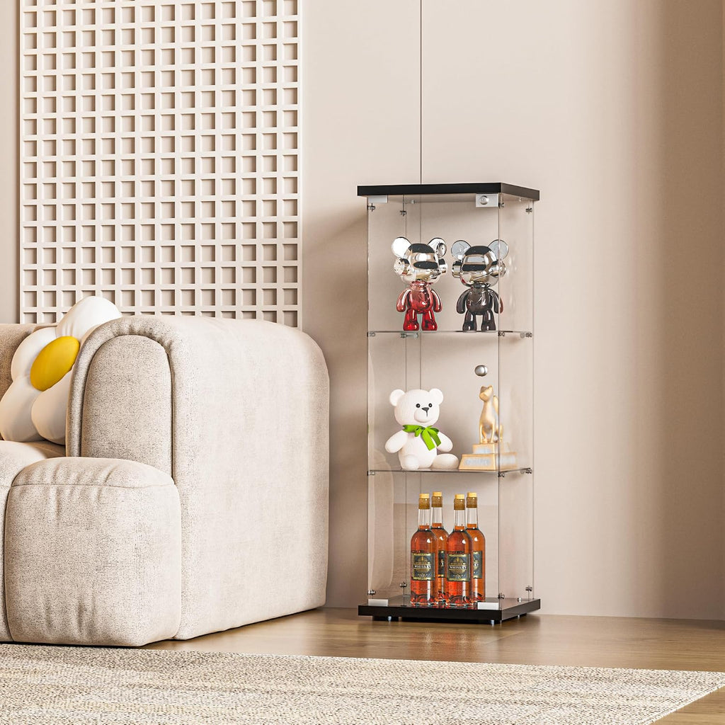 FANYUSHOW 3-Shelf Glass Display Cabinet with Door, Upgraded Quick-Install Style Curio Cabinets 5mm Tempered Glass Floor Standing Bookshelf for Bedroom, Living Room 49.1'x 16.7'x 14.3' Black