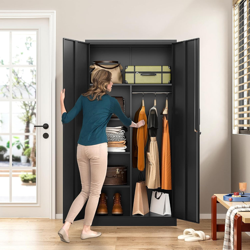 Wide & Deep Metal Storage Cabinet with Hanging Rod,Black Broom Closet Storage Cabinet with Lock,72' Tall Wardrobe Cabinets with Doors and Shelves,Locking Steel Tool Cabinets for Home,Office,Garage