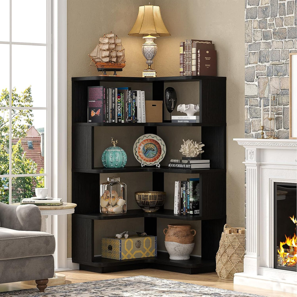Armocity Corner Book Shelf - 5 Tier Corner Bookshelf Etagere Bookcase with Baffle, Freestanding L Shaped Display Shelf Stand for Home Office, Living Room, Bedroom, Kitchen, Black
