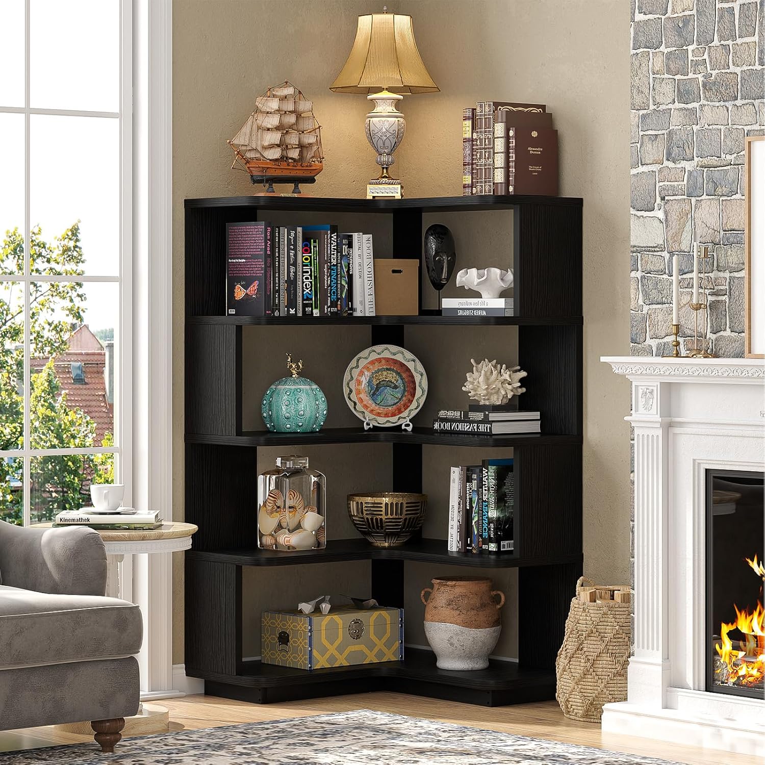 Armocity Corner Book Shelf - 5 Tier Corner Bookshelf Etagere Bookcase with Baffle, Freestanding L Shaped Display Shelf Stand for Home Office, Living Room, Bedroom, Kitchen, Black