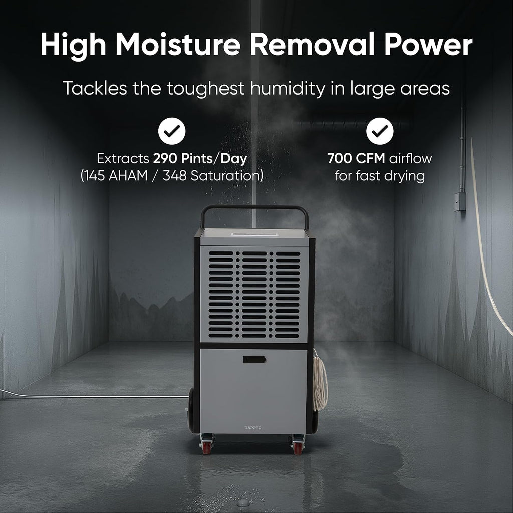 290 Pints Commercial Dehumidifier for Basements & Industrial Spaces – Built-In Pump, Drain Hose, Continuous Operation, 2-Speed Fan, 24000 Sq Ft Coverage