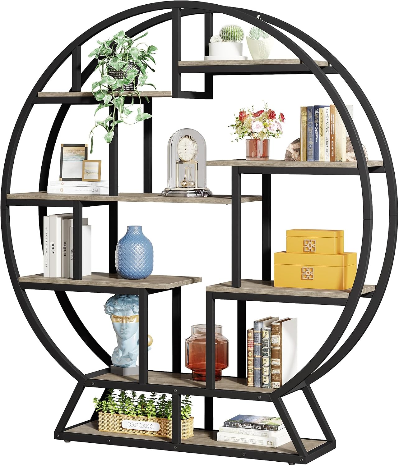 Tribesigns Bookshelf, Round Bookshelves Etagere Bookcase, 63 Inch Industrial Wood Book Shelf with Staggered Shelves, Open Shelving Organizer Rack Display Shelf for Home Office, Living Room, Grey