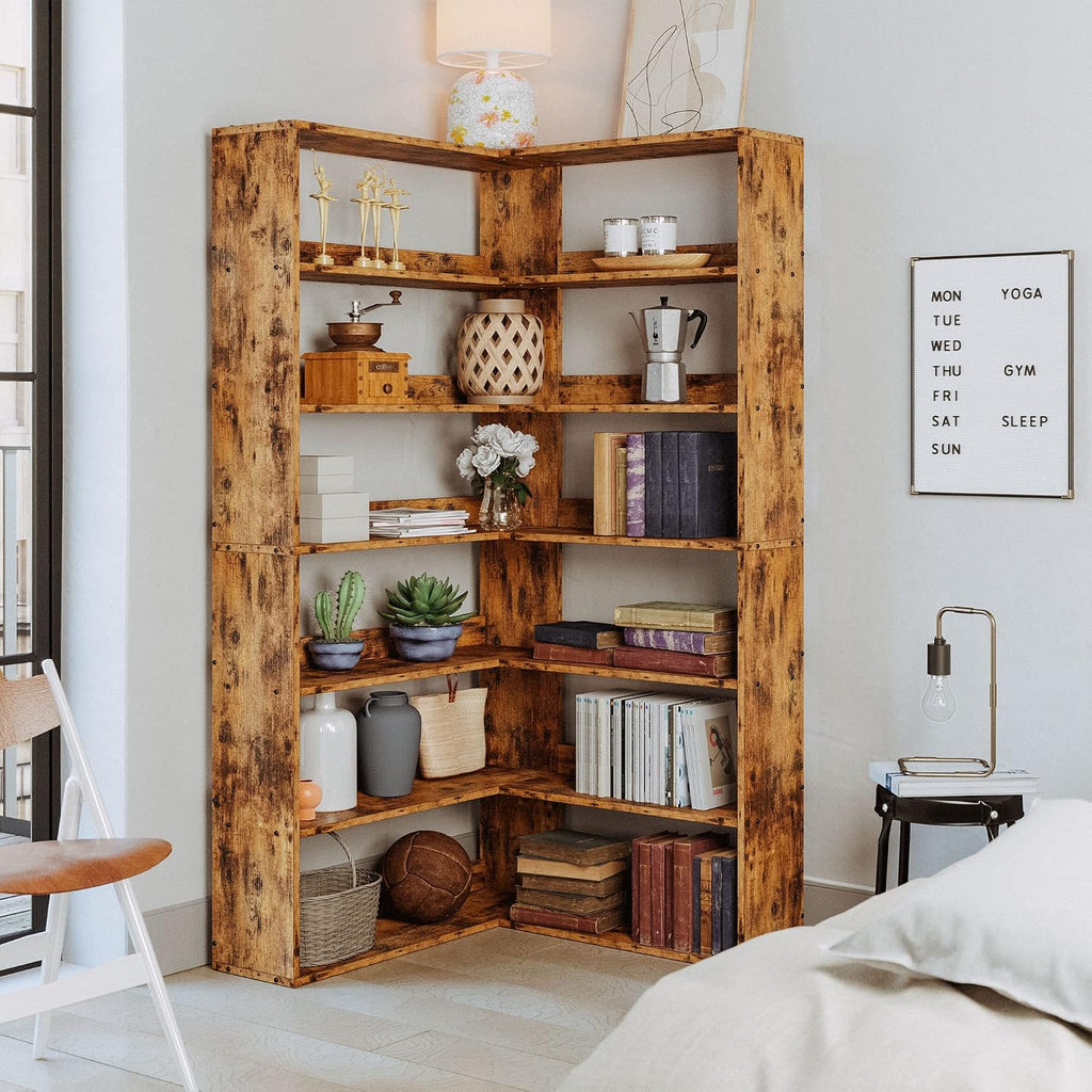 IRONCK Corner Bookshelf 6-Tier L-Shaped Industrial Corner Bookcase with Side Baffles, Large Storage Display Shelf for Living Room, Home Office