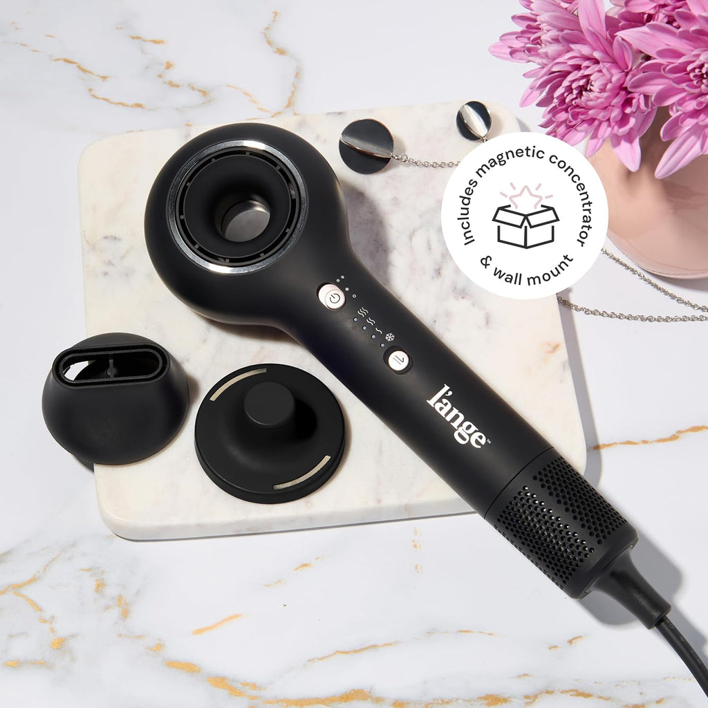 L'ANGE HAIR Axia HaloRing Ionic Hair Dryer | High Speed Professional Blow Dryer for Smooth, Frizz-Free Styles | Lightweight Brushless Motor with Concentrator & Wall Mount | 4 Heat Settings | Black