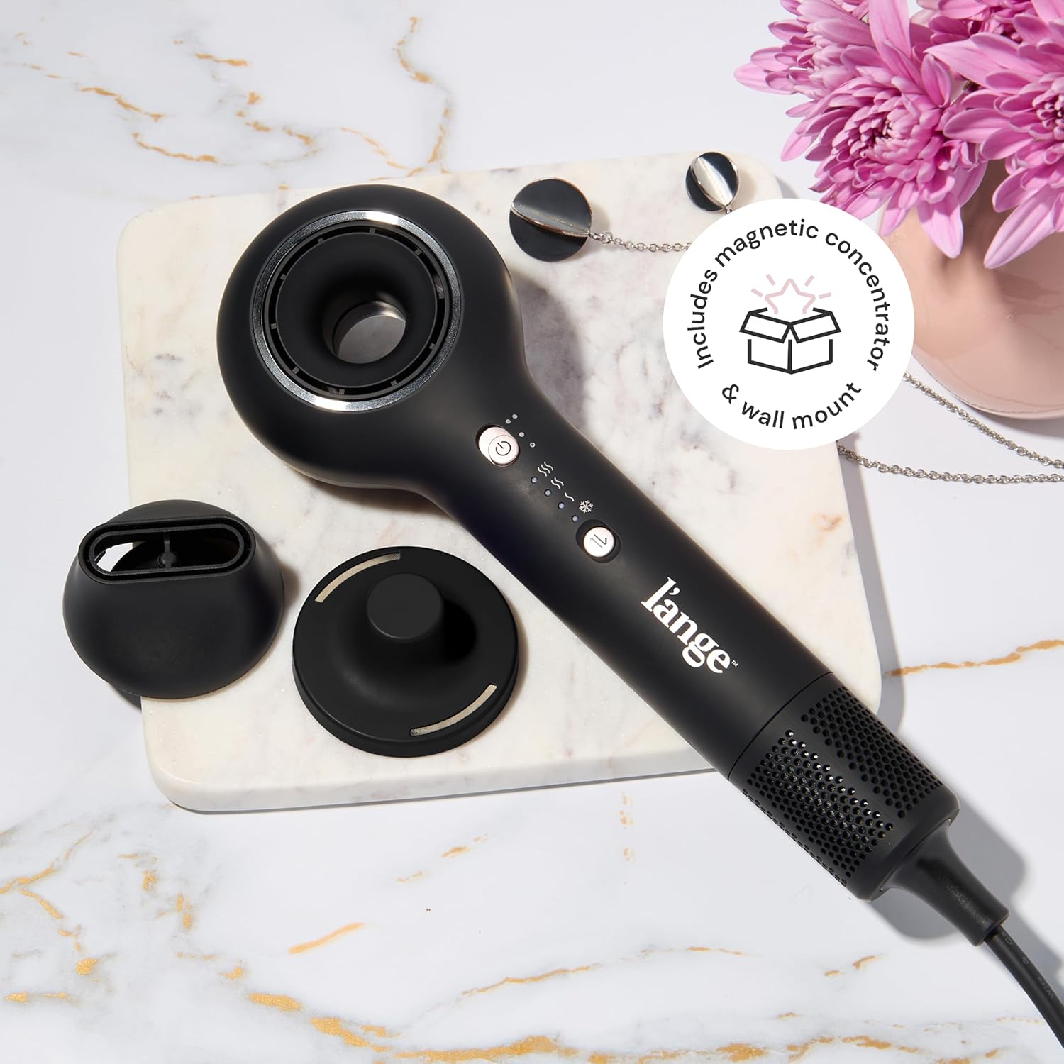 L'ANGE HAIR Axia HaloRing Ionic Hair Dryer | High Speed Professional Blow Dryer for Smooth, Frizz-Free Styles | Lightweight Brushless Motor with Concentrator & Wall Mount | 4 Heat Settings | Black
