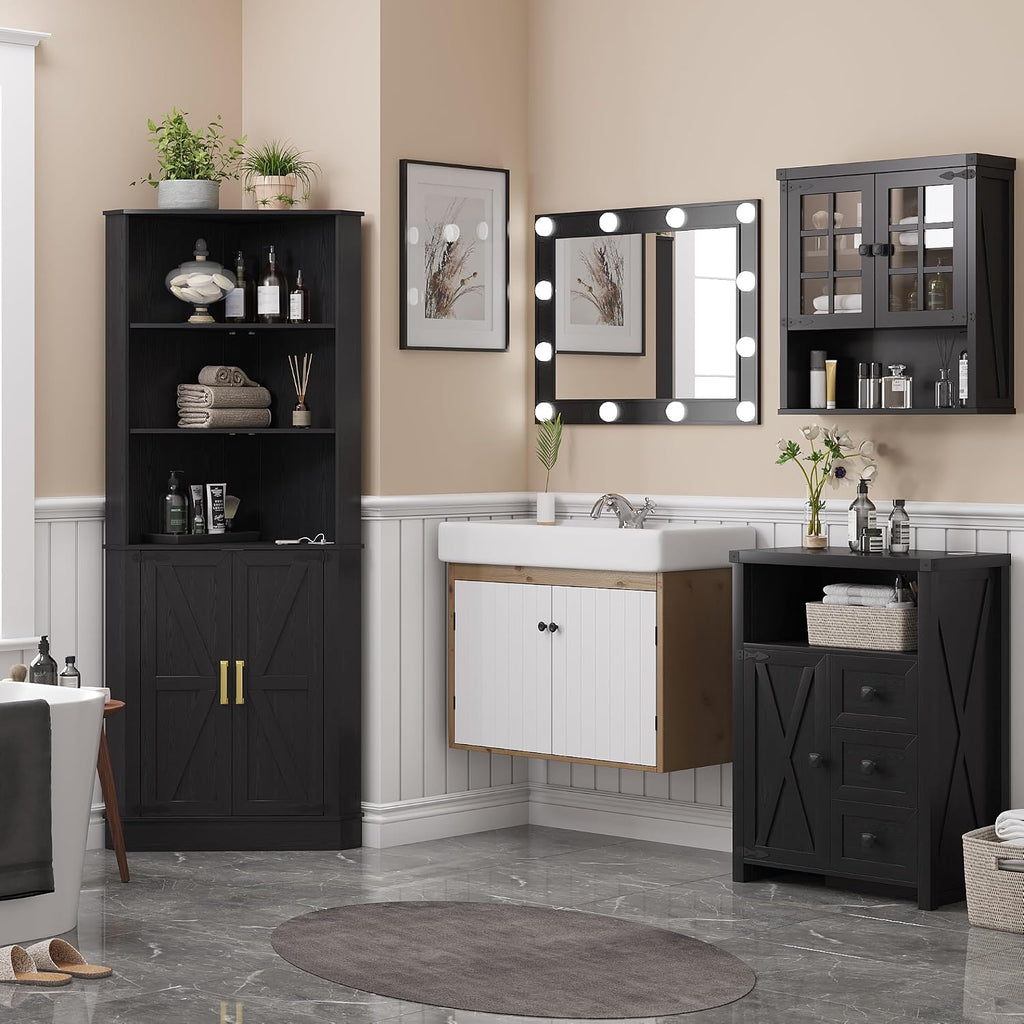 TAGELIER Farmhouse Corner Cabinet with LED Light, 67' Tall Bathroom Cabinet with 2 Doors and 3 Tier Shelves, Free Standing Corner Storage Cabinet for Living Room or Kitchen, Black