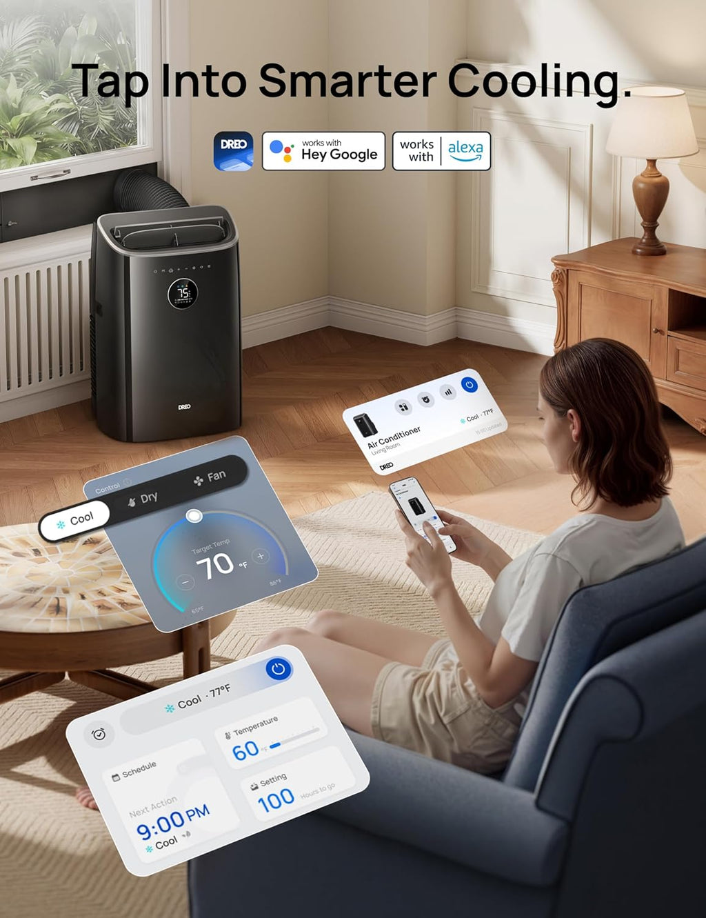 DREO Portable Air Conditioner 318S, 8000 BTU ASHRAE (5000 BTU DOE) Smart AC Unit for Bedroom with Drainage-free Cooling, Fan&Dehumidifier 3 in 1, APP/Voice/Remote, Quiet Standing AC for Room Indoors
