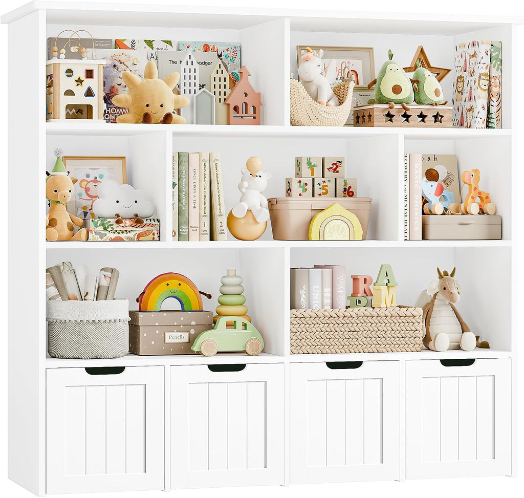 FINETONES Toy Storage Organizer, Kids Bookshelf with 4 Movable Chests and 7 Storage Cubes, Toy Chest Storage with Hidden Wheels, Toy Organizers and Toy Storage, White