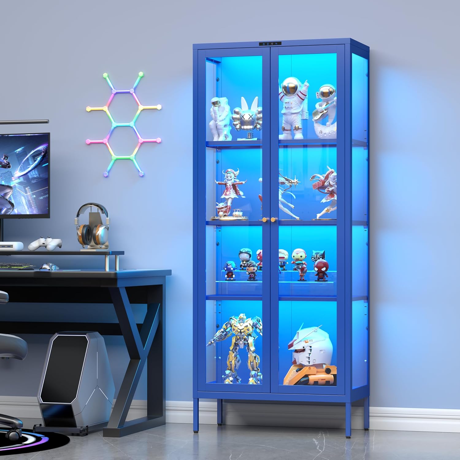 UNICOLY Display Cabinet with Glass Doors, Glass Display Cabinet with 8 Color LED Lights, Curio Display Cabinet with 3 Shelves for Living Room, Plant, Display Shelf, Assembly Required, Blue