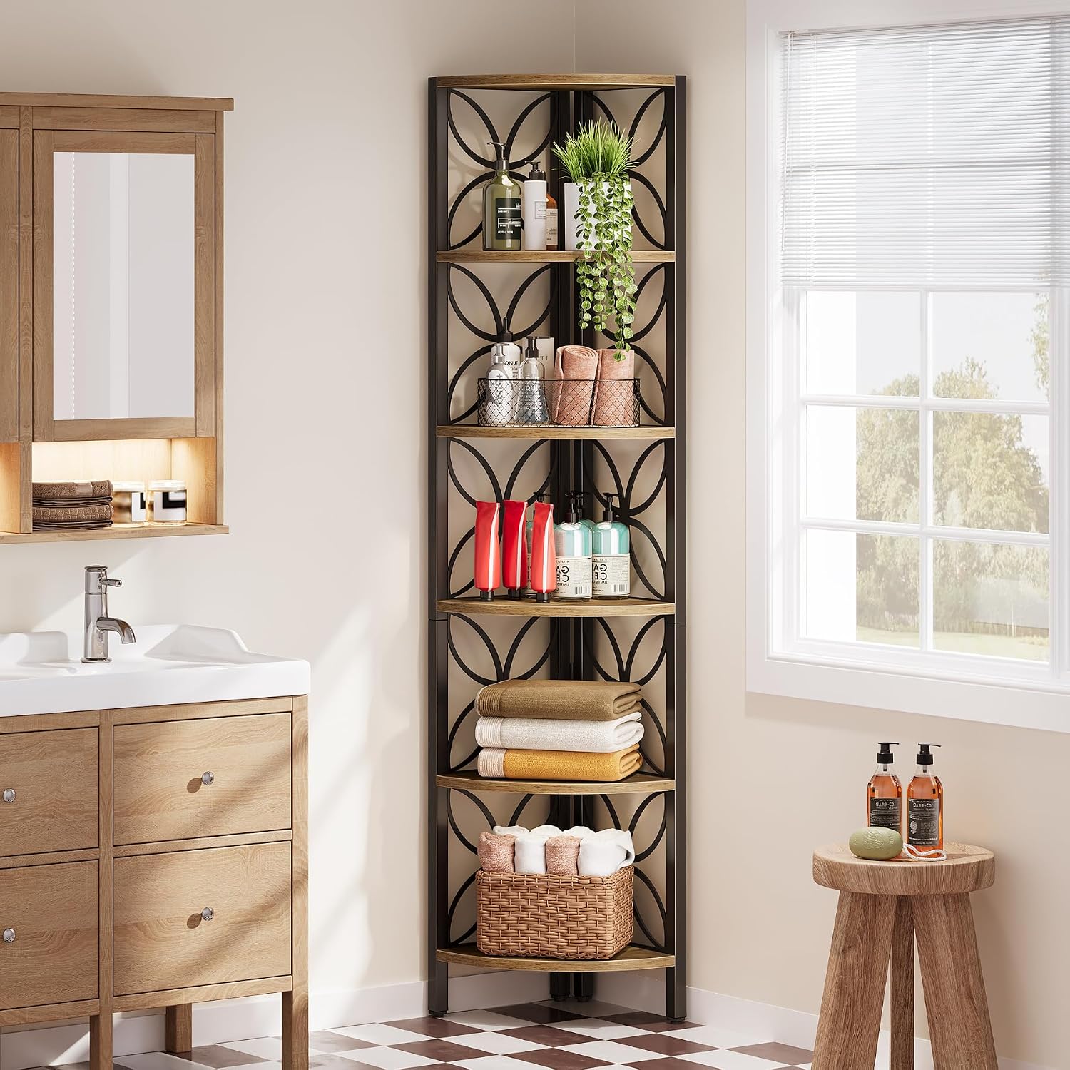 Tribesigns 6-Tier Corner Shelf, 70.9' Rustic Corner Bookshelf Display Shelf for Living Room, Wooden Shelving Unit Plant Stand Storage Rack for Bedroom, Bathroom, Small Space, Rustic Brown