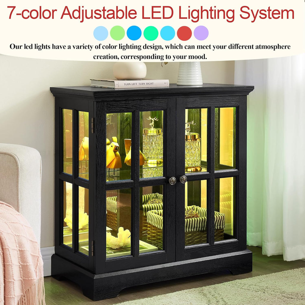 30' Glass Curio Display Storage Cabinet with LED Light, Modern 2 Lattice Doors Tableware Display Sideboard w/Adjustable Shelves, Retro Design Quality Showcase Bookcase for Home (Black)