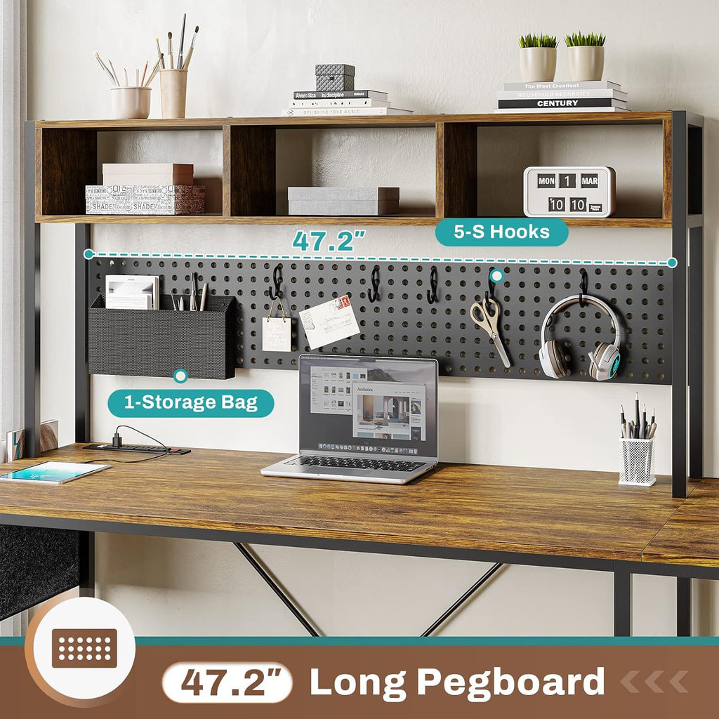 SEDETA L Shaped Computer Desk, Reversible Corner Desk with Power Outlet and Pegboard, Computer Desk with Led Lights, Keyboard Tray, Headphone Hook and Storage Shelves, Rustic Brown