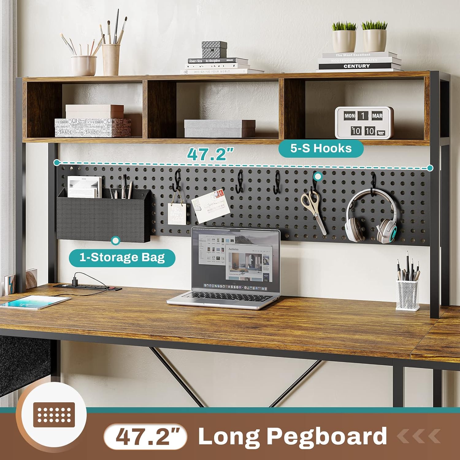 SEDETA L Shaped Computer Desk, Reversible Corner Desk with Power Outlet and Pegboard, Computer Desk with Led Lights, Keyboard Tray, Headphone Hook and Storage Shelves, Rustic Brown