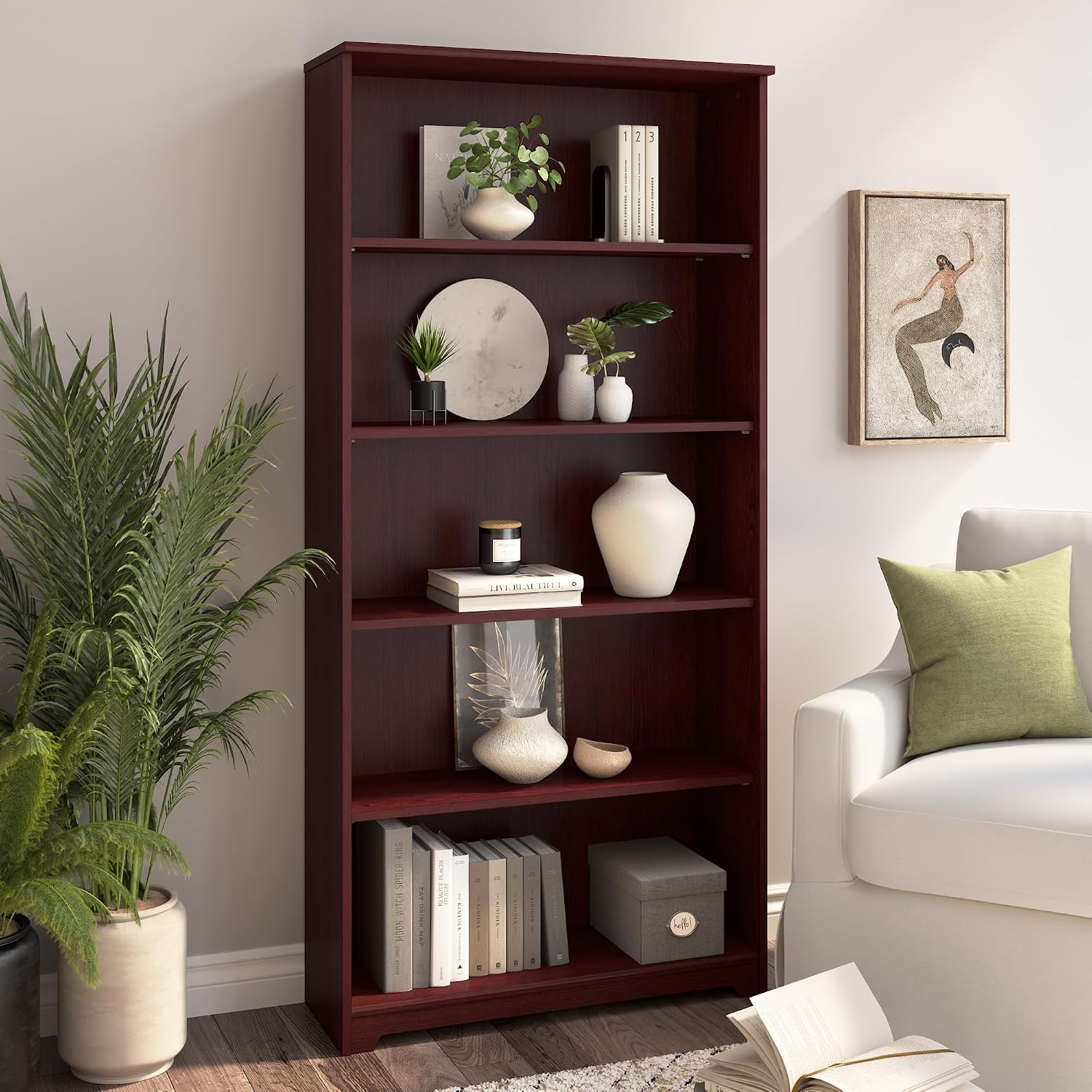 Bush Home Tall 5 Shelf Bookcase, Large Open Bookshelf, Sturdy Display Cabinet for Living Room or Home Office, Cabot Collection, Harvest Cherry