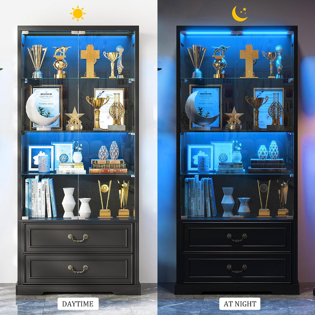 FREDEES Display Cabinet with Glass Doors,67' Adjustable Display Shelf with 2 Drawers and 4 Tier Curio Cabinet,Tall Bookcase with 3 Color Lights and Human Body Sensor for Toys,Books（Black）