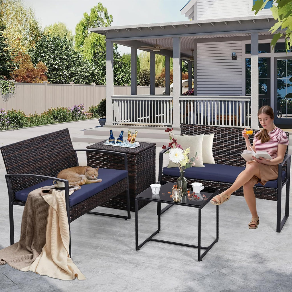 FHFO 4 Piece Outdoor Patio Furniture Set with Built-in Beverage Cooler Storage Box, Wicker Conversation Sets Patio Outdoor Loveseats & Coffee Table for Outside, Garden, Balcony, Porch, Brown/Blue