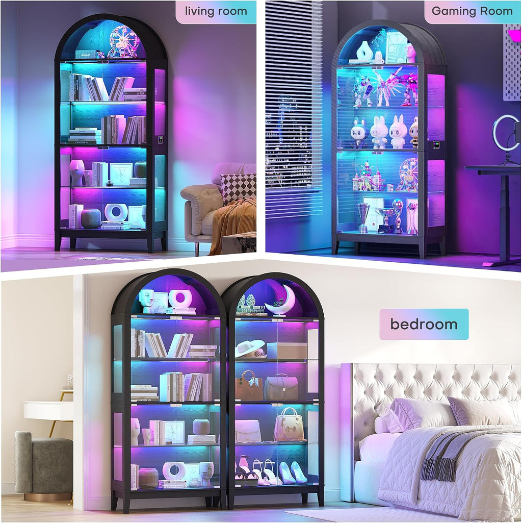 WOOVIVS Glass Display Cabinet with RGB Lights, 69' Tall Curio Cabinet with Rebound Tempered Glass Door, 5-Tier Adjustable Display Case for Living Room (Black)