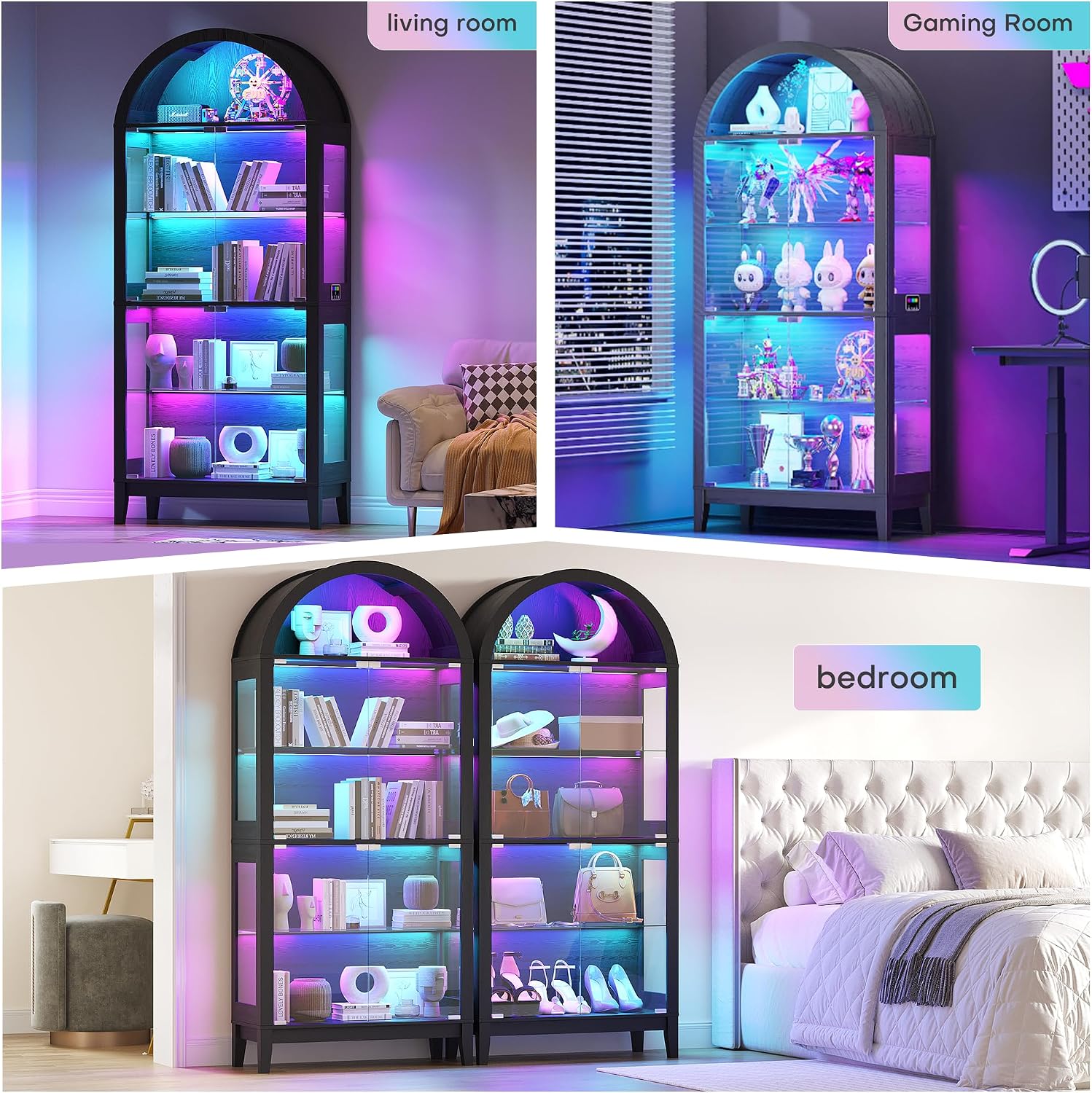 WOOVIVS Glass Display Cabinet with RGB Lights, 69' Tall Curio Cabinet with Rebound Tempered Glass Door, 5-Tier Adjustable Display Case for Living Room (Black)