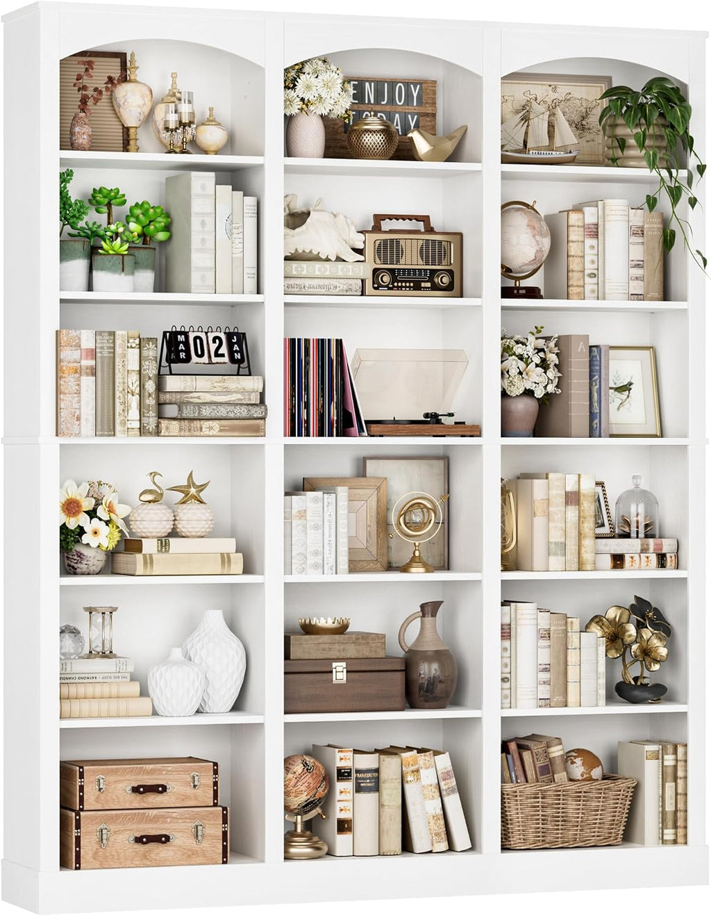 FACBOTALL 71' Triple Wide Bookshelf, 6 Tier Bookcase, Large White Bookshelf with Curved Baffle, 63.4' Wide White Bookcase with 18 Open Display Shelves for Living Room, Study, White